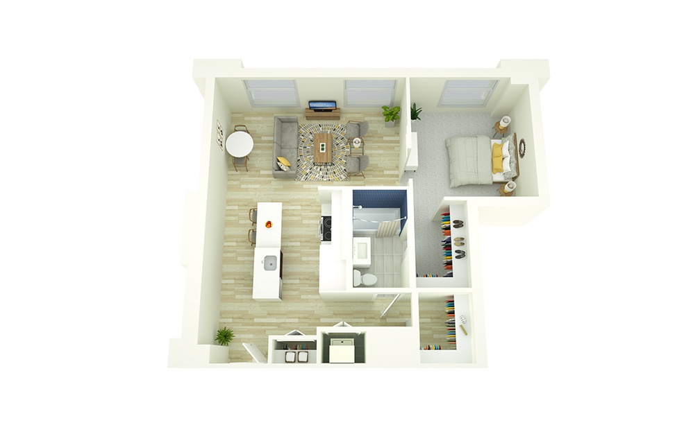 A12 - 1 bedroom floorplan layout with 1 bath and 773 square feet. (3D)