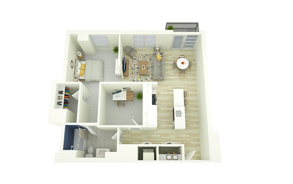 A17D - 1 bedroom floorplan layout with 1 bath and 882 square feet. (3D)