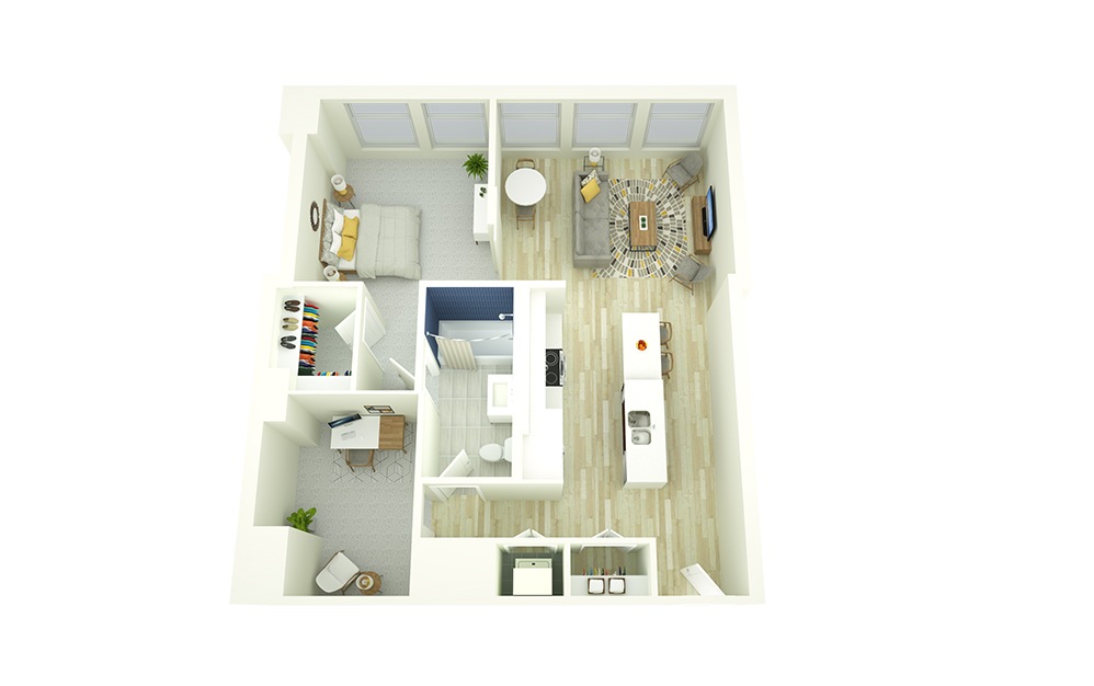 A19D - 1 bedroom floorplan layout with 1 bath and 905 square feet. (3D)