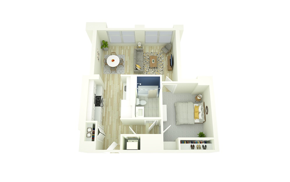 E9 - 1 bedroom floorplan layout with 1 bath and 648 square feet. E9 - 1 bedroom floorplan layout with 1 bath and 648 square feet.