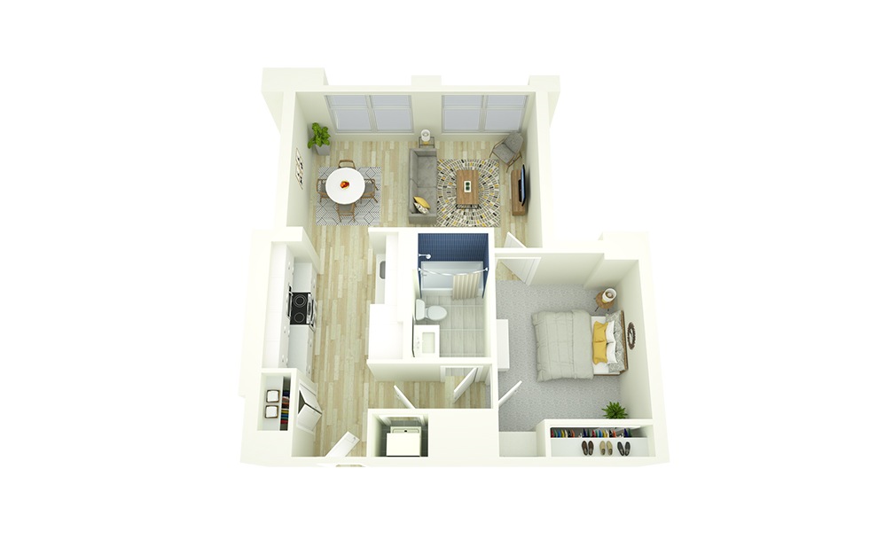 E9 - 1 bedroom floorplan layout with 1 bath and 648 square feet. (3D)